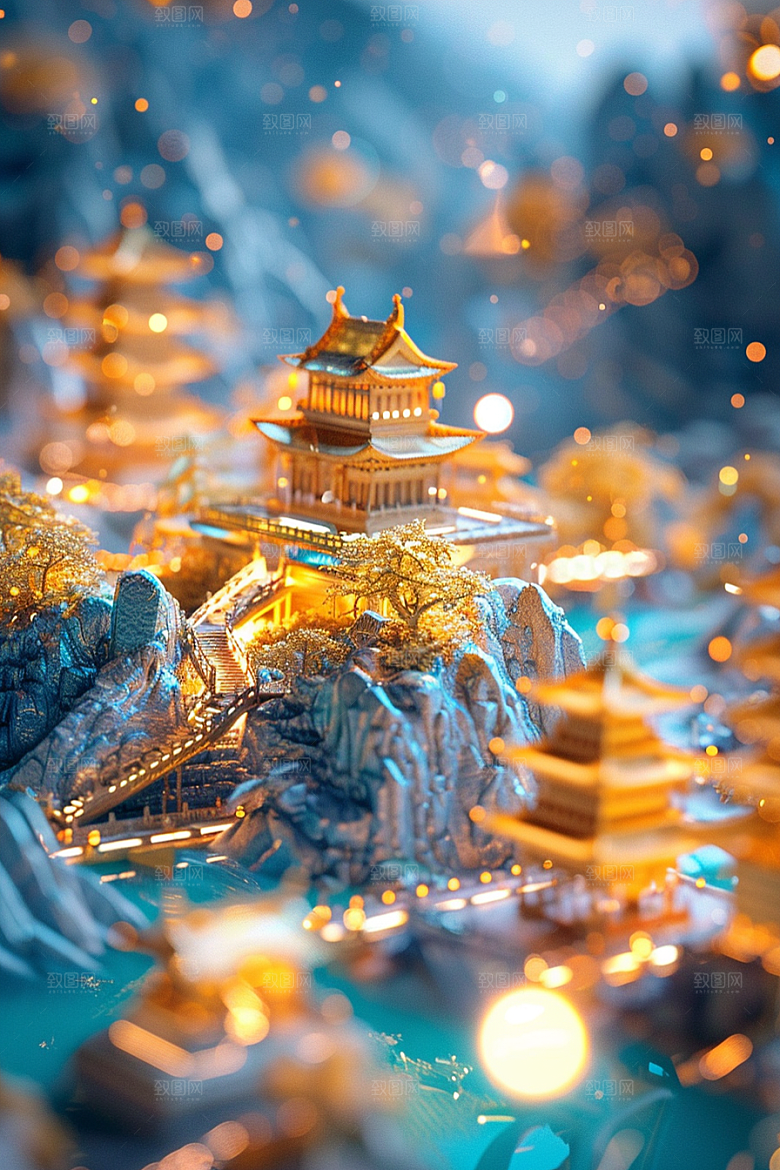 国潮光效建筑质感立体模型