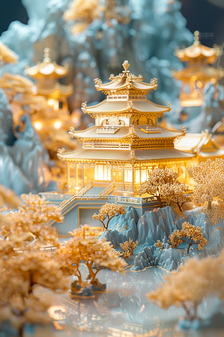 国潮光效建筑立体山水模型
