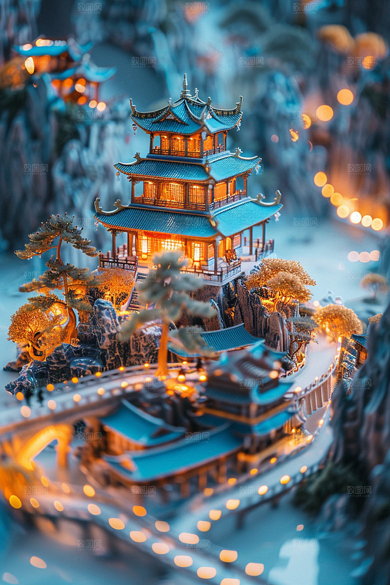 国潮光效建筑微距3D模型