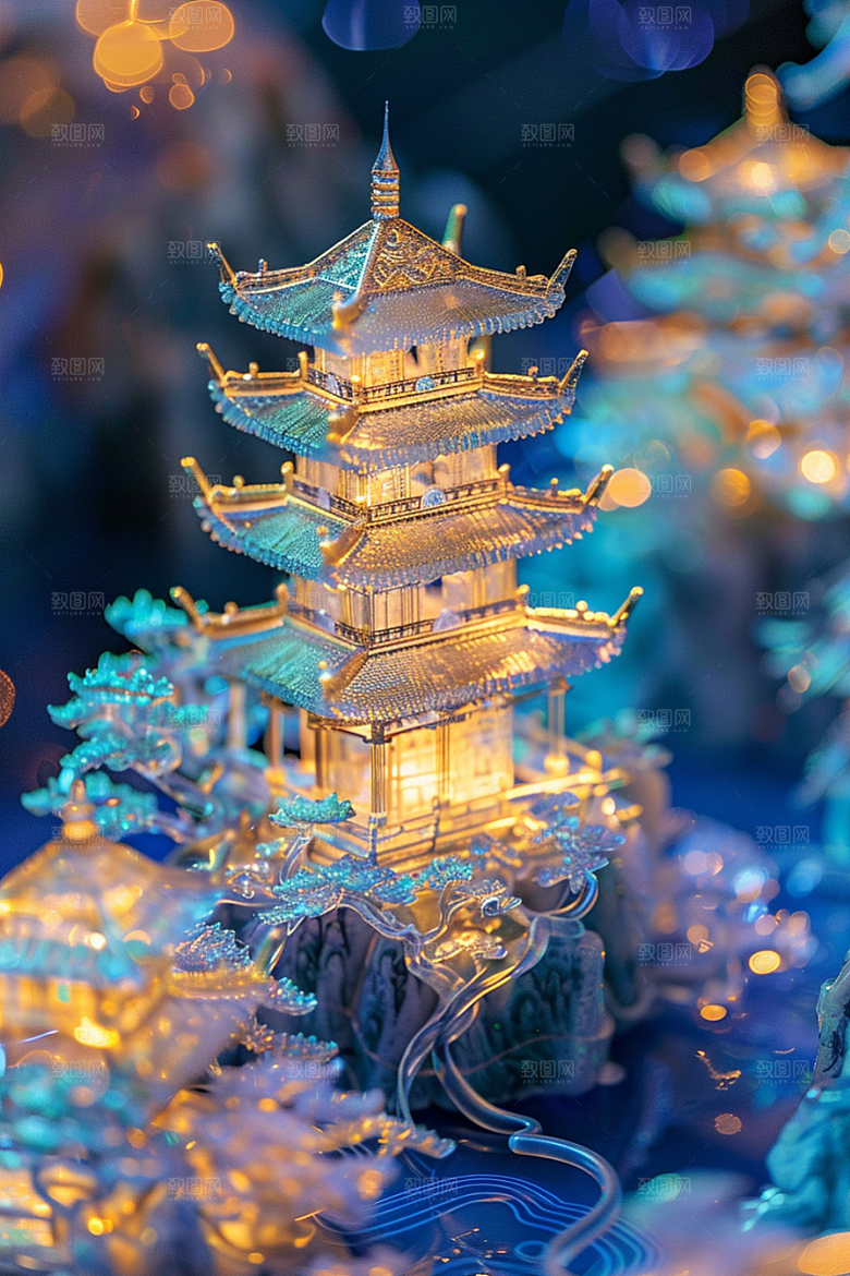 国潮光效建筑立体中国风模型