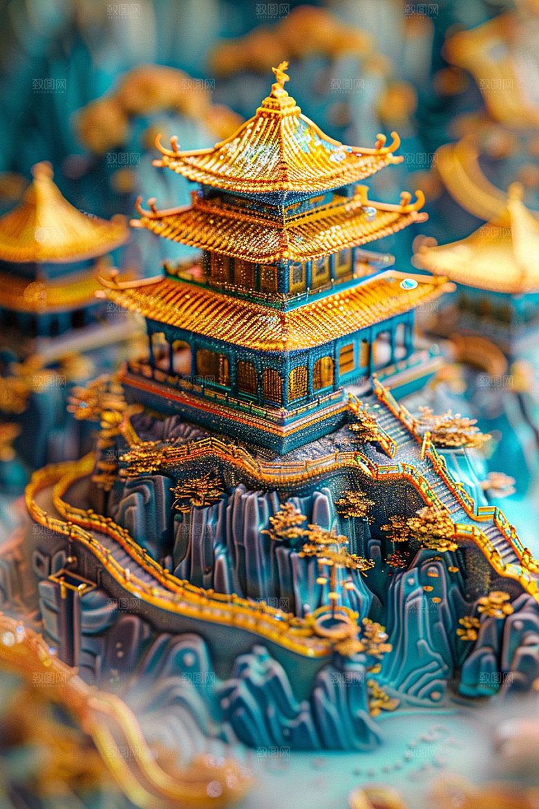 国潮光效建筑立体时尚模型