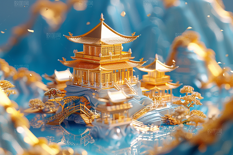 国潮光效建筑微距中国风模型