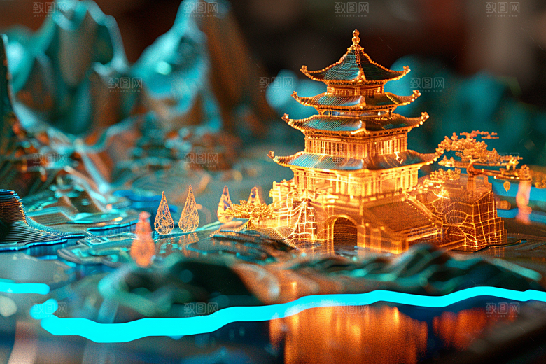 国潮光效建筑潮流中国风模型