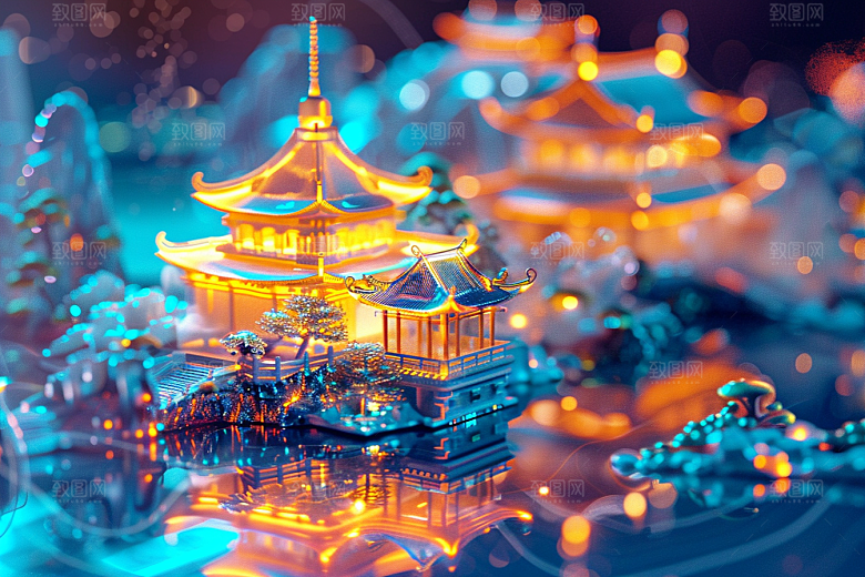 国潮光效建筑梦幻幻想风模型