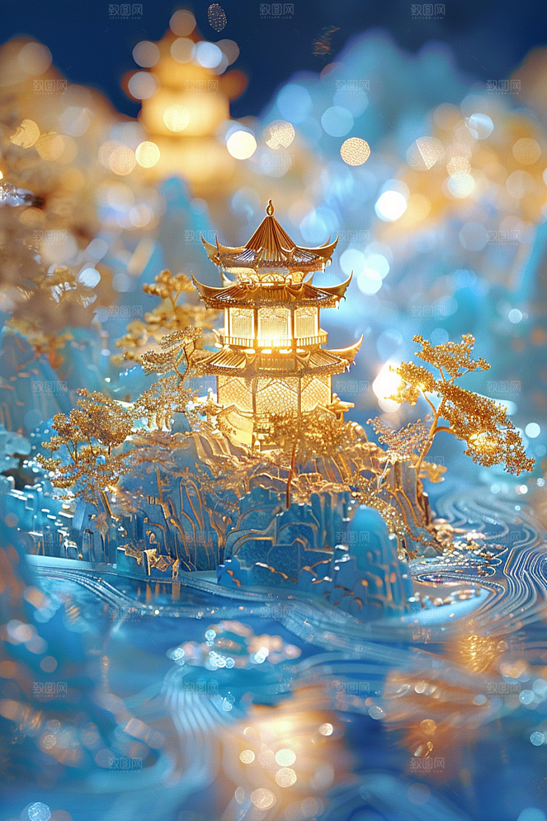 国潮光效建筑梦幻高清模型