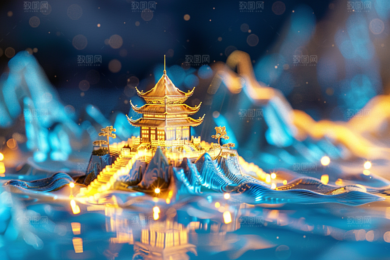 国潮光效建筑中国风高清模型