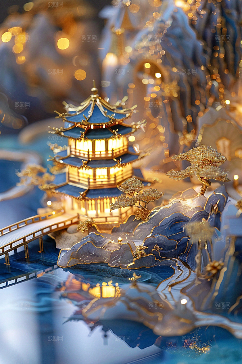 国潮光效建筑中国风传统模型