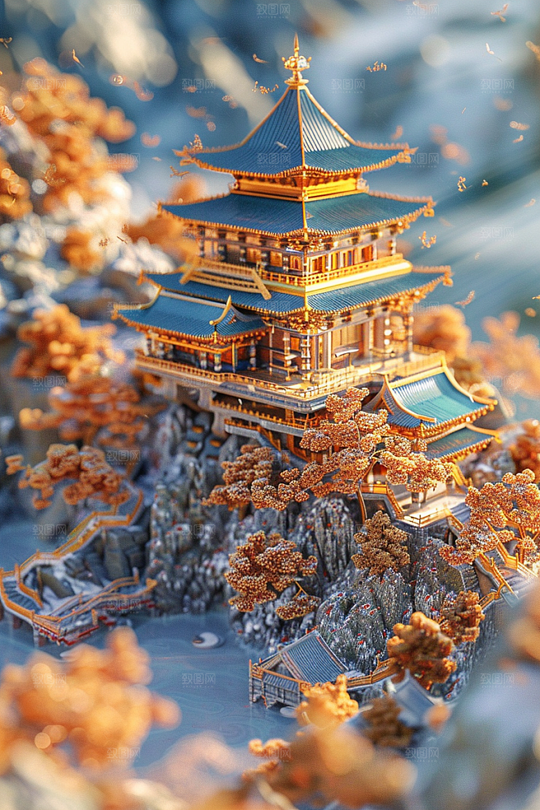 国潮光效建筑潮流梦幻模型