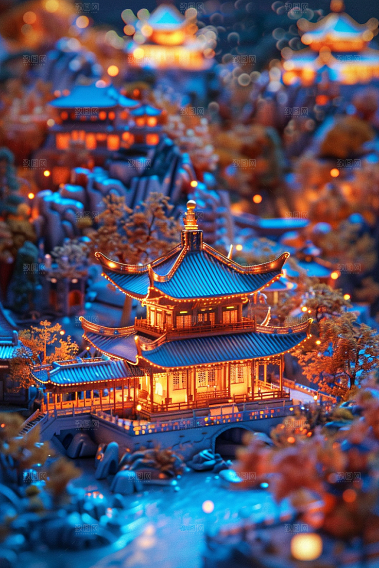 国潮光效建筑梦幻幻想风模型