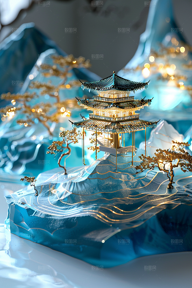 国潮光效建筑幻想风立体模型