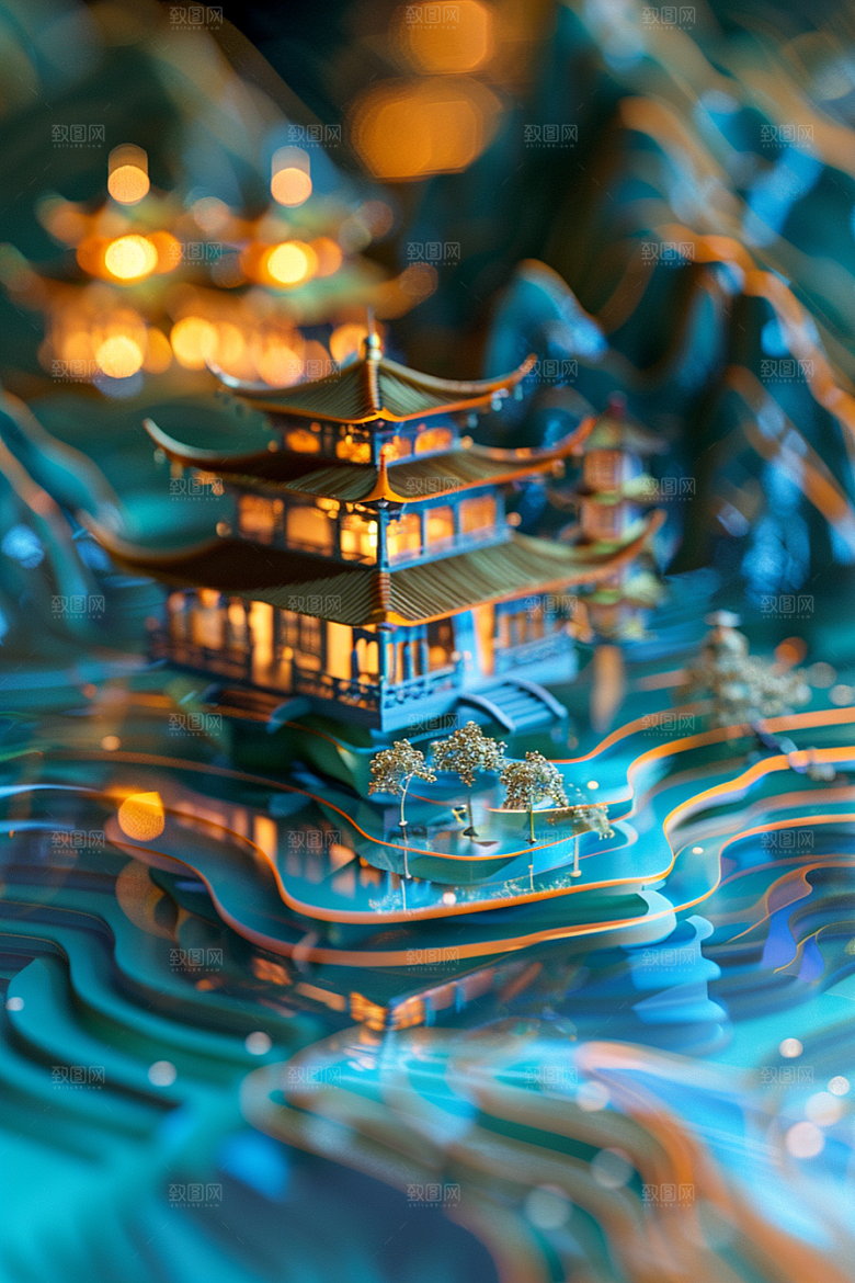 国潮光效建筑传统高清模型
