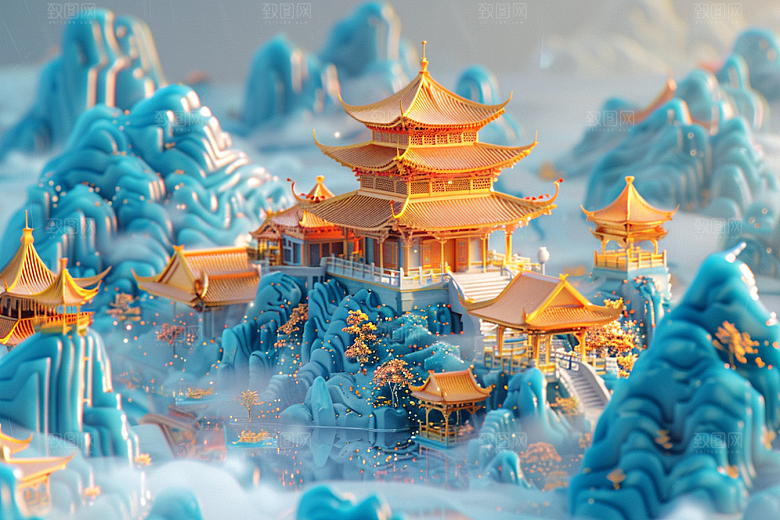 国潮光效建筑梦幻赛博朋克模型