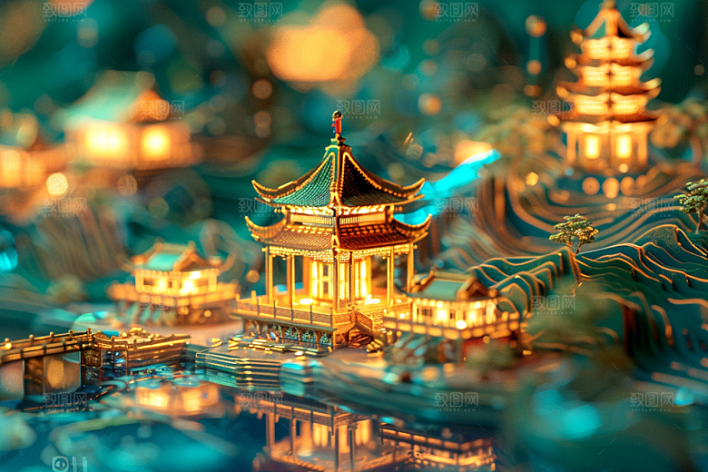国潮光效建筑梦幻立体模型