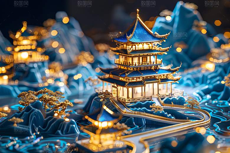 国潮光效建筑中国风超现实模型