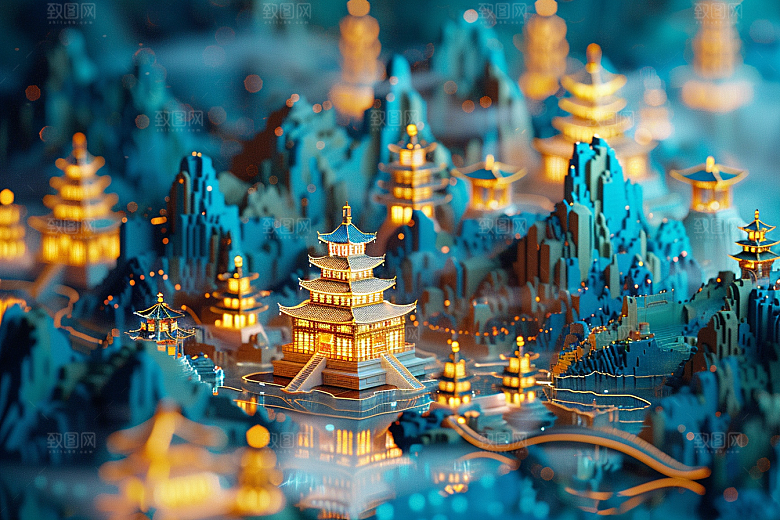 国潮光效建筑潮流3D模型