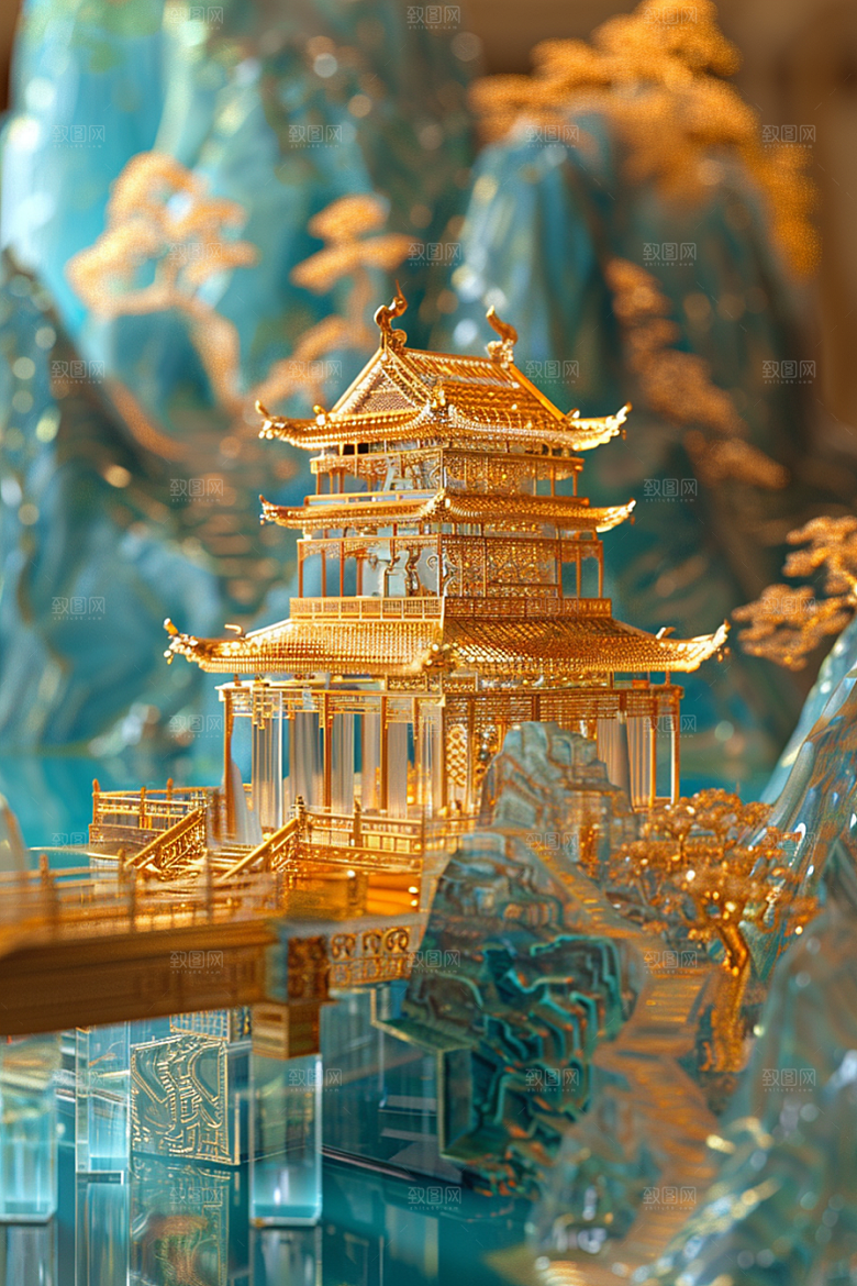 国潮光效建筑立体梦幻模型