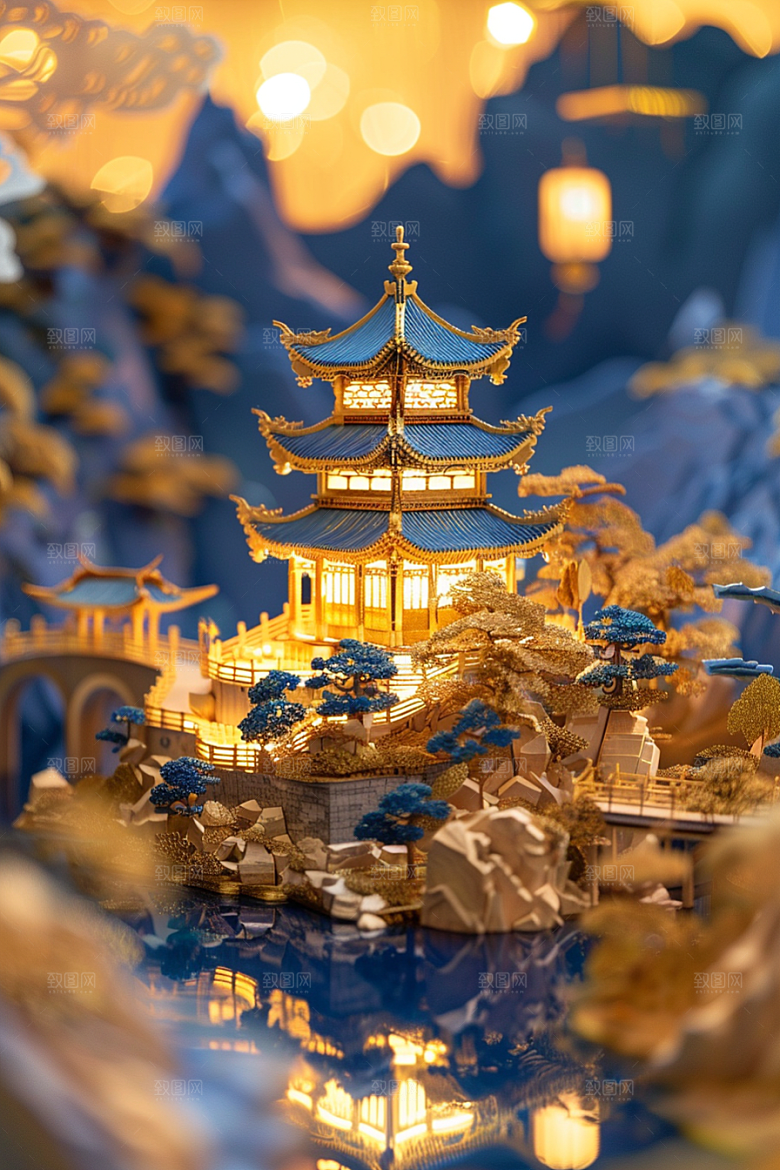 国潮光效建筑山水梦幻模型