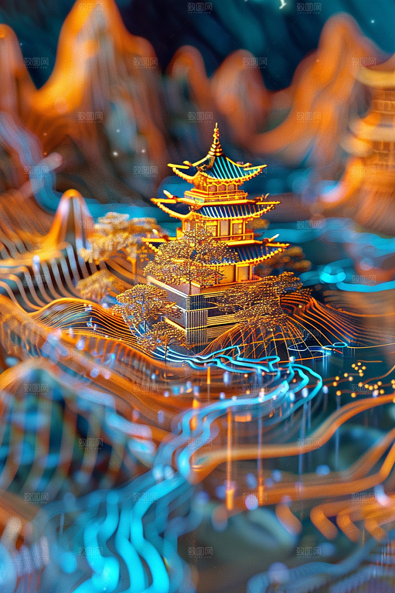 国潮光效建筑梦幻传统模型