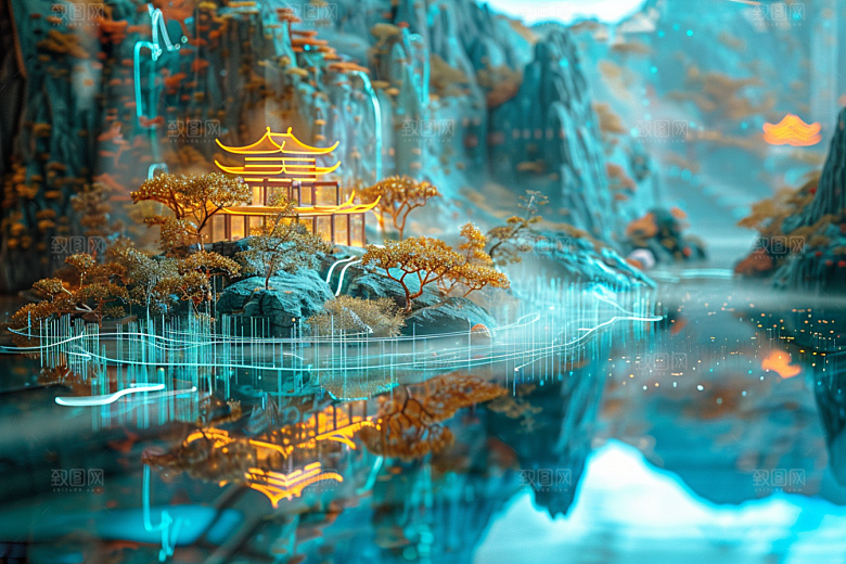 国潮光效建筑3D梦幻模型