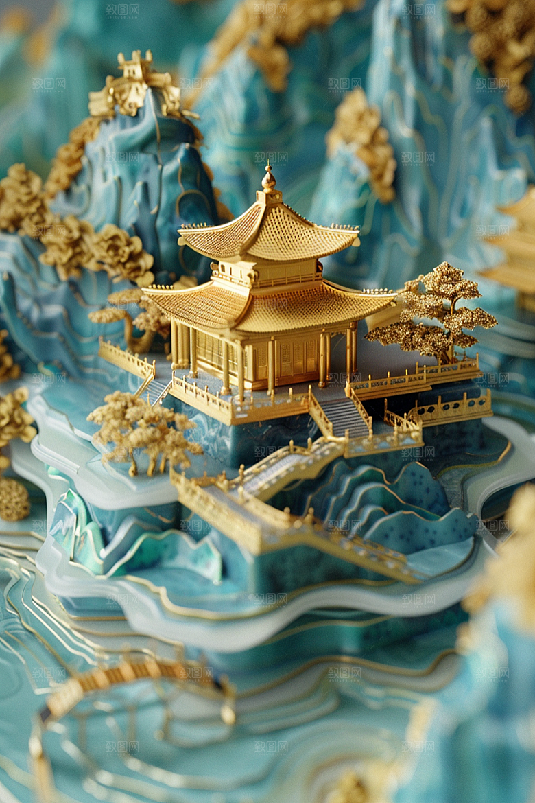 国潮光效建筑3D时尚模型