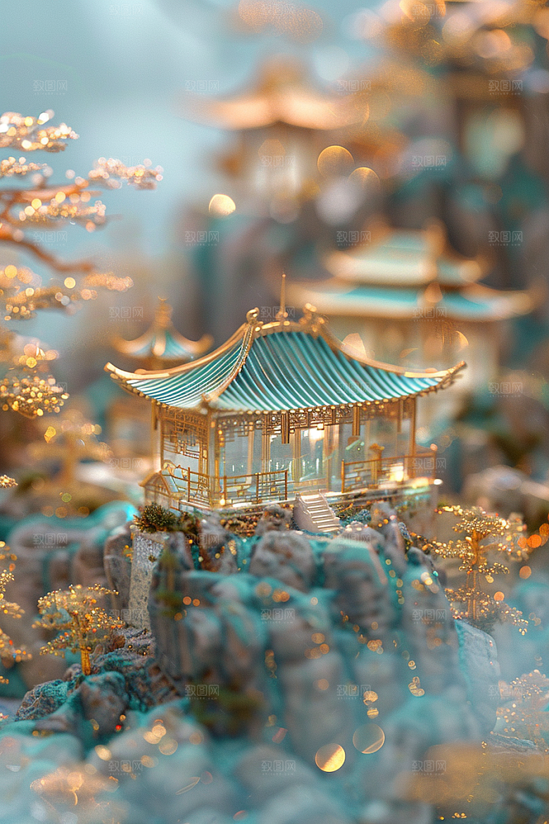 国潮光效建筑质感立体模型