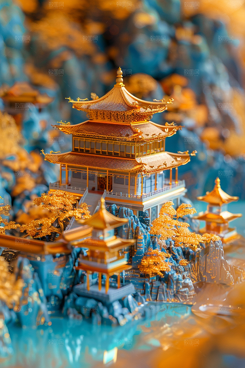 国潮光效建筑中国风3D模型