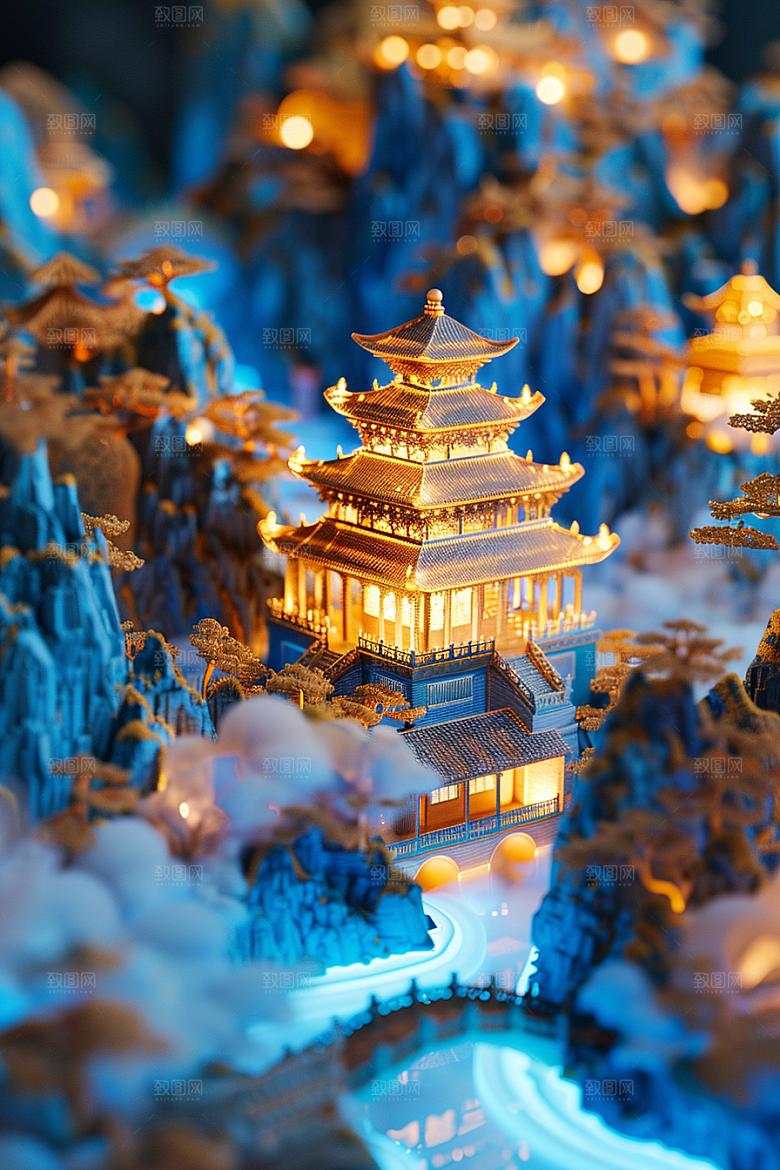 国潮光效建筑梦幻幻想风模型
