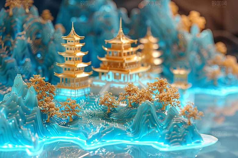 国潮光效建筑3D中国风模型