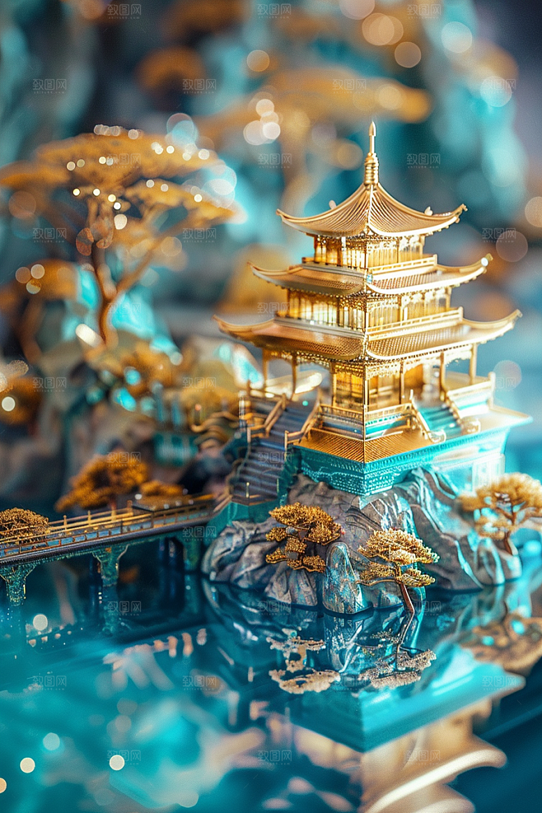 国潮光效建筑传统中国风模型