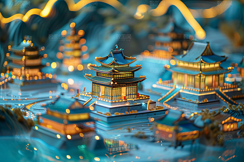 国潮光效建筑幻想风传统模型