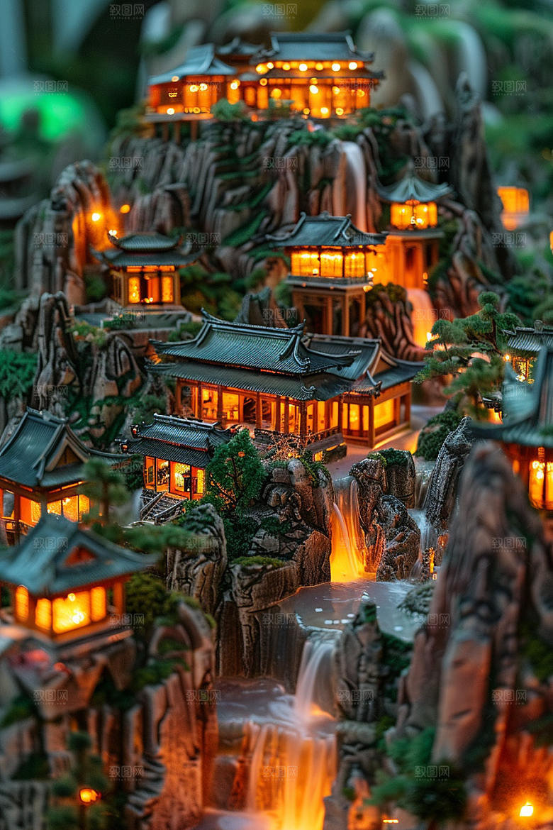 国潮光效建筑立体梦幻模型