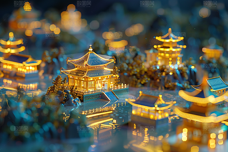 国潮光效建筑立体梦幻模型