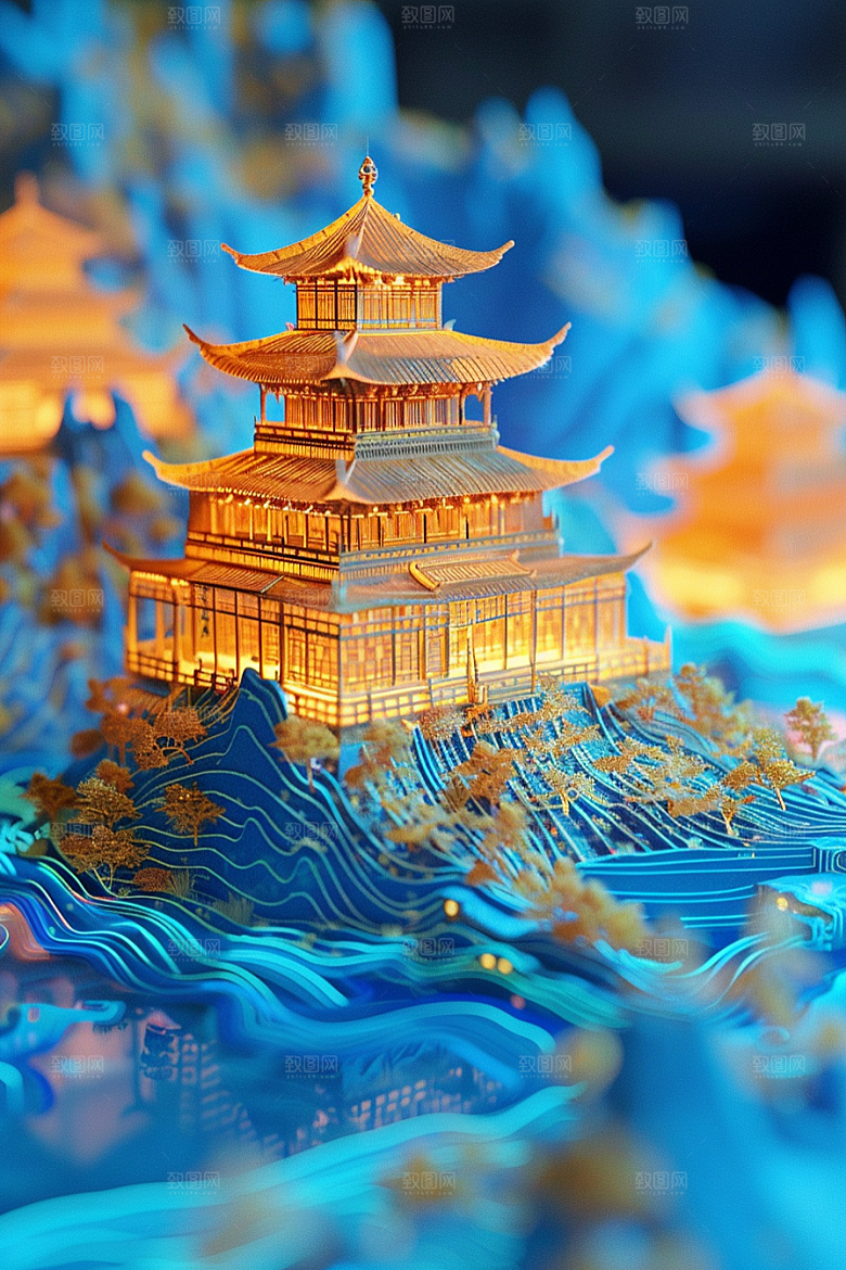 国潮光效建筑超现实传统模型