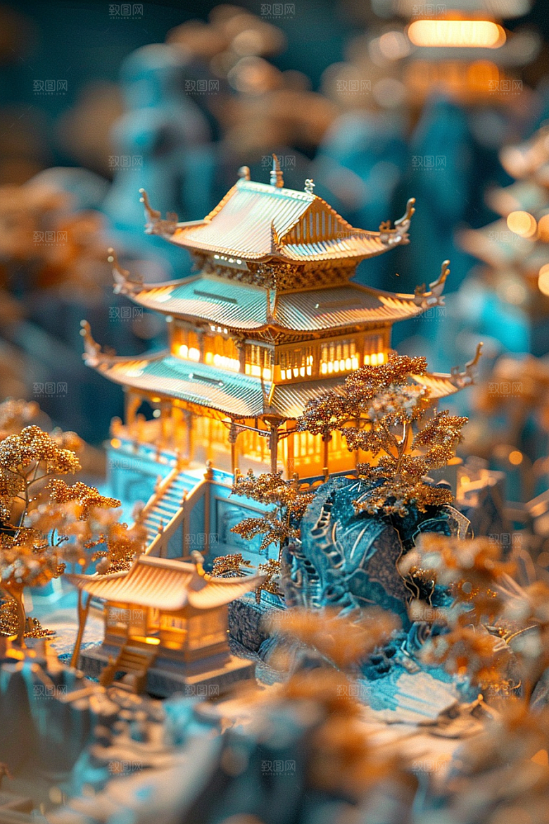 国潮光效建筑质感幻想风模型