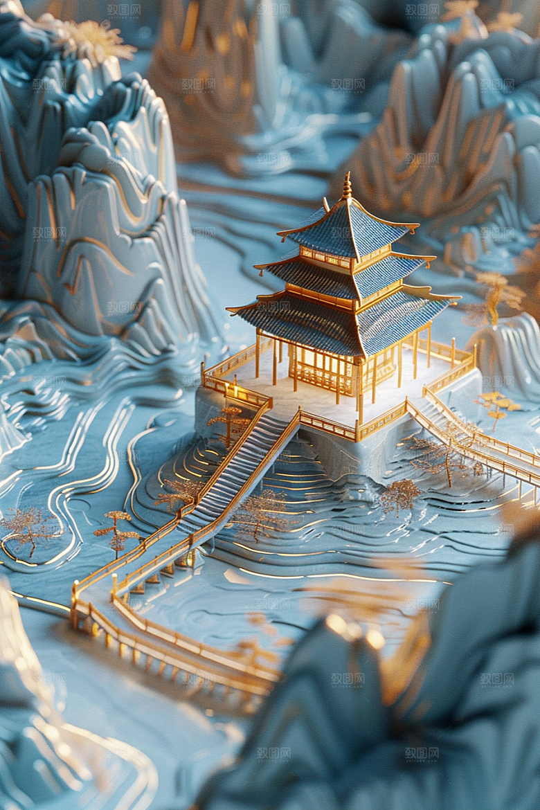 国潮光效建筑中国风超现实模型