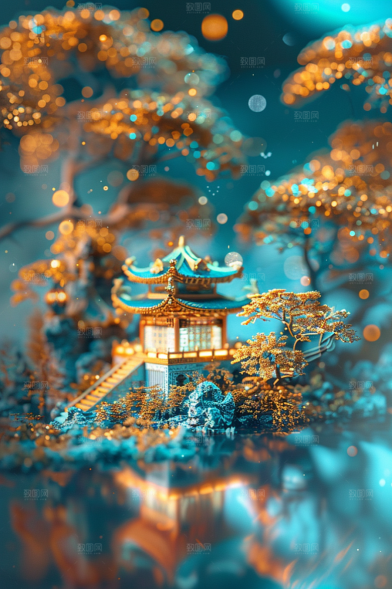 国潮光效建筑幻想风山水模型