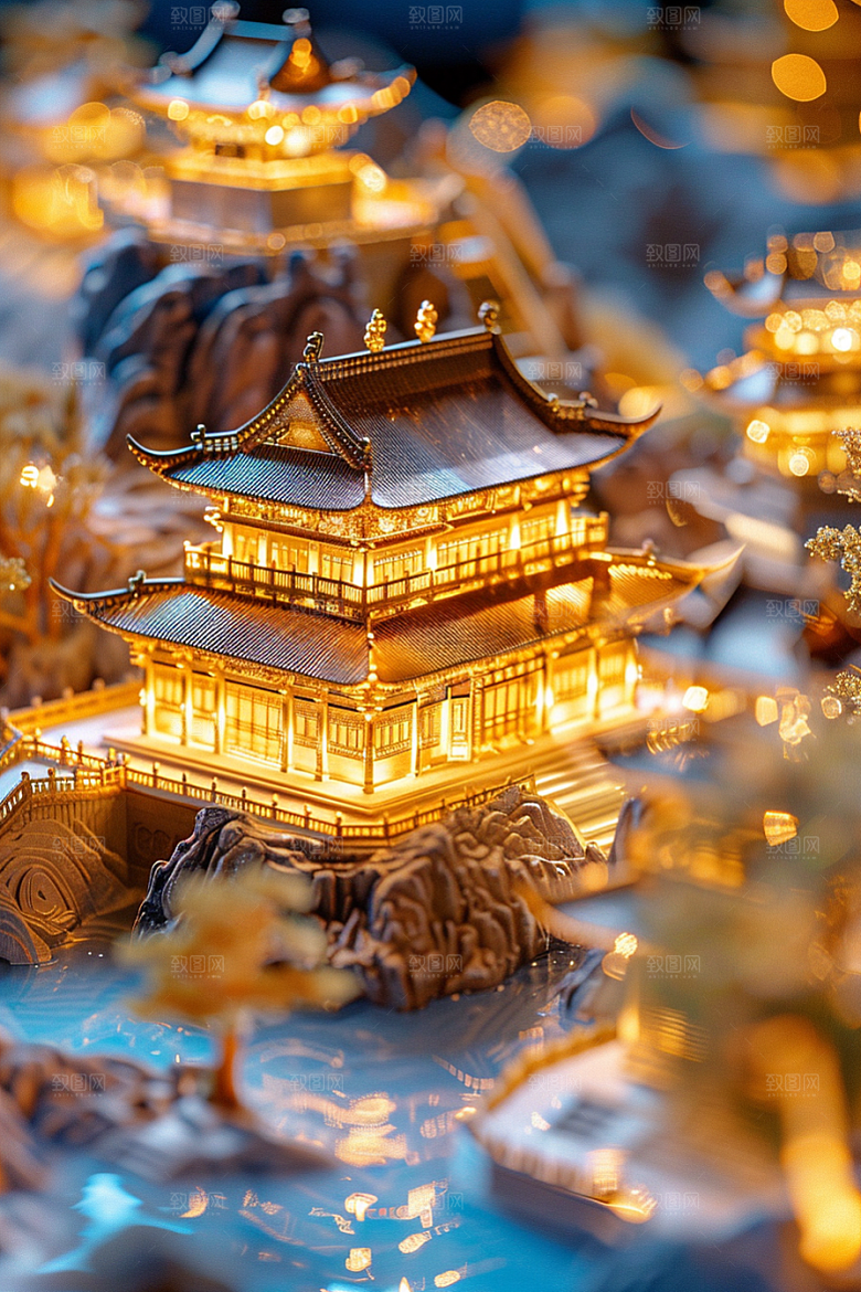 国潮光效建筑质感立体模型