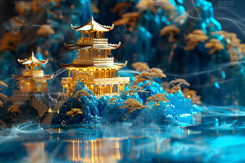 国潮光效建筑潮流赛博朋克模型