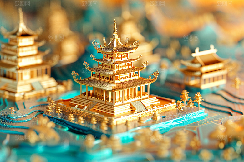 国潮光效建筑3D中国风模型