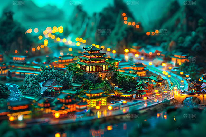 国潮光效建筑质感中国风模型