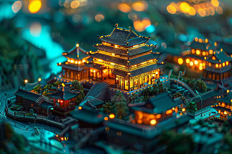 国潮光效建筑3D立体模型
