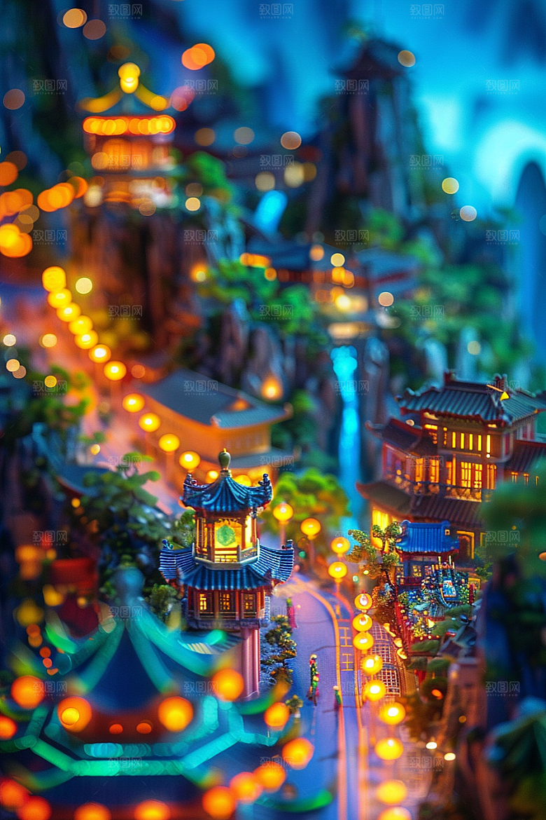 国潮光效建筑梦幻中国风模型
