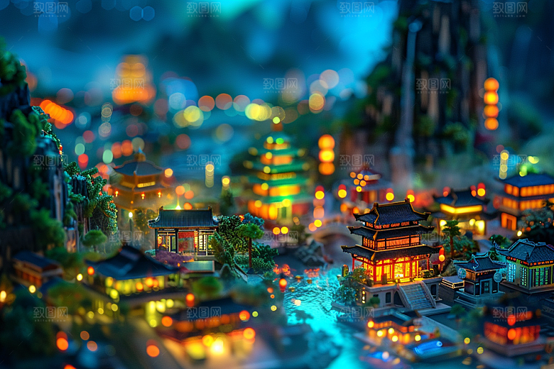 国潮光效建筑传统幻想风模型