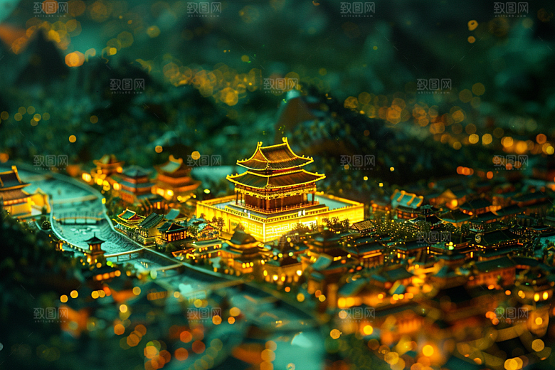 国潮光效建筑时尚微距模型
