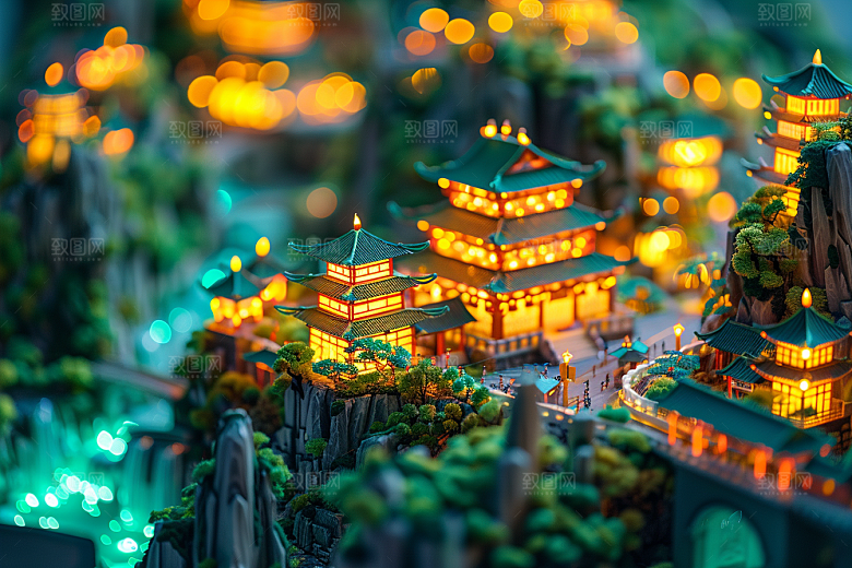 国潮光效建筑立体梦幻模型
