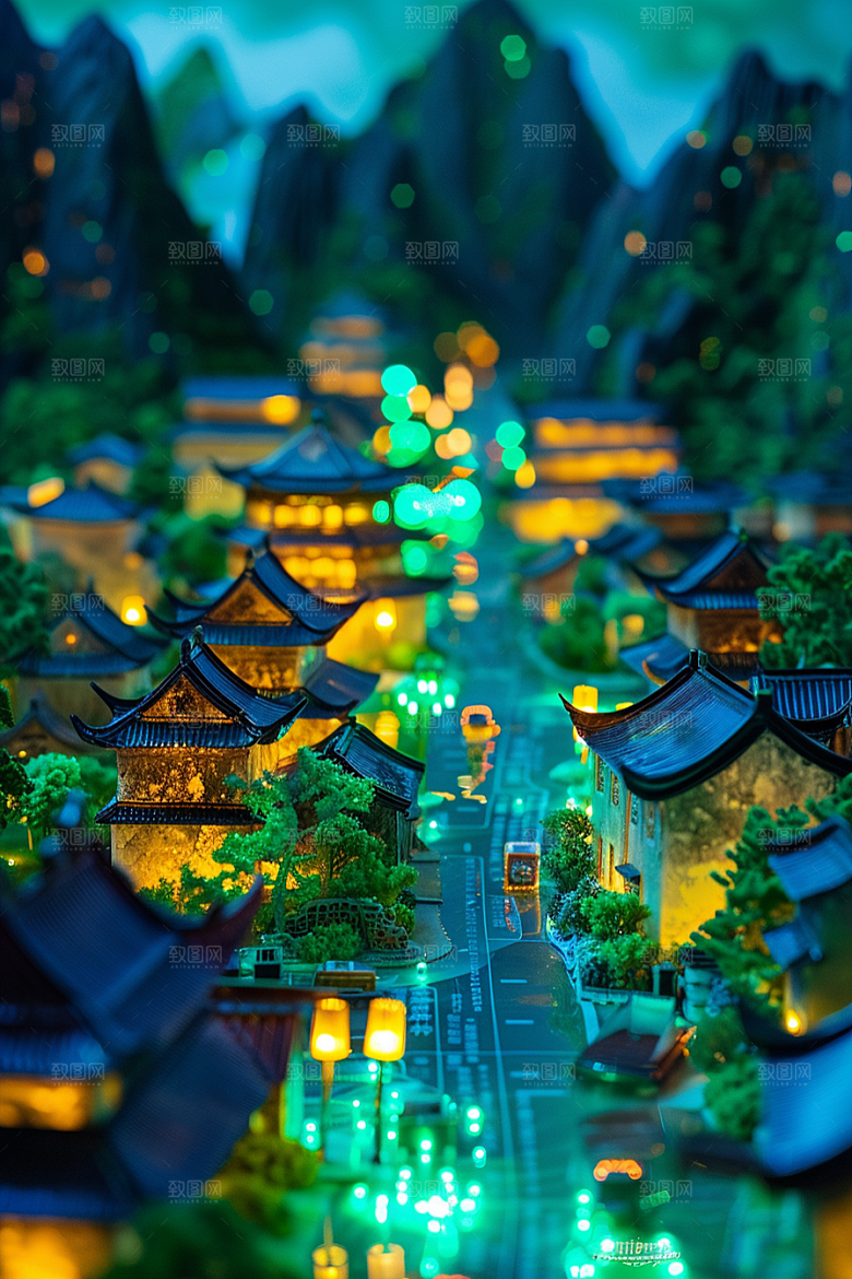 国潮光效建筑3D质感模型