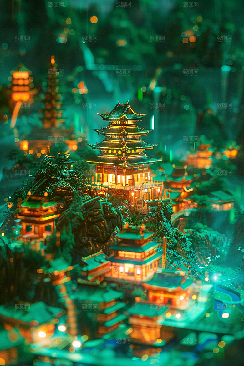 国潮光效建筑质感幻想风模型