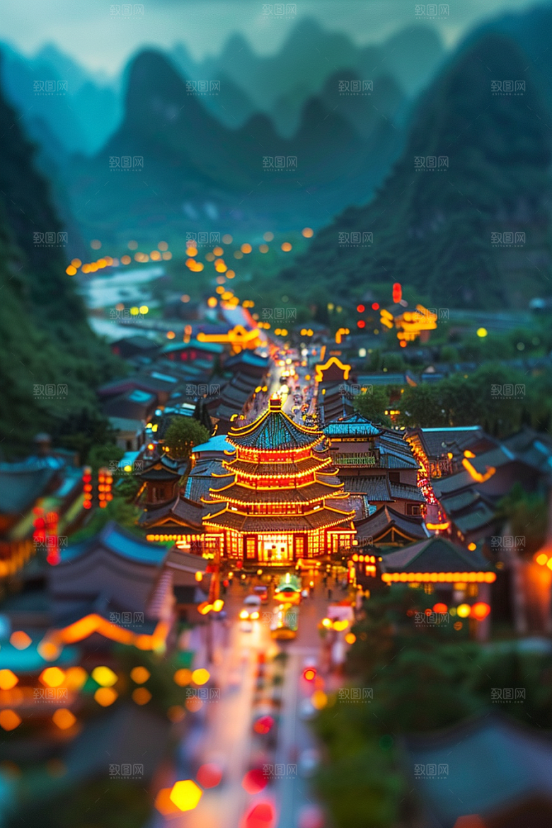国潮光效建筑质感梦幻模型