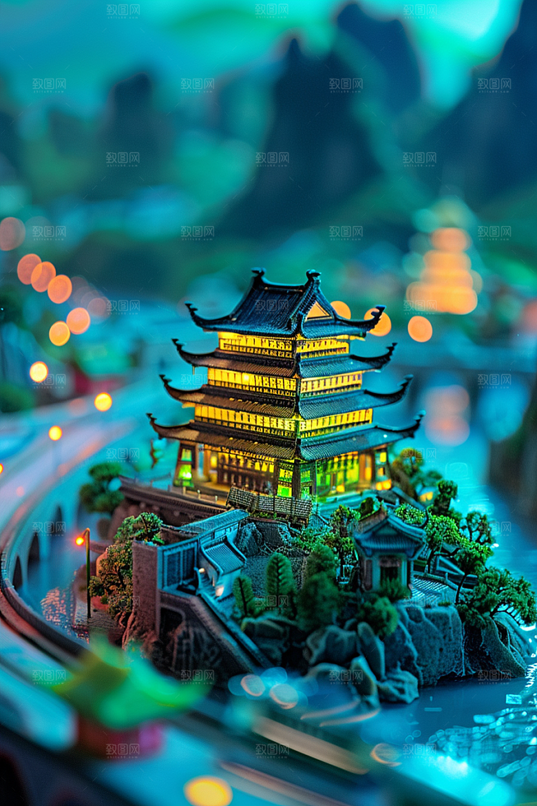 国潮光效建筑山水潮流模型