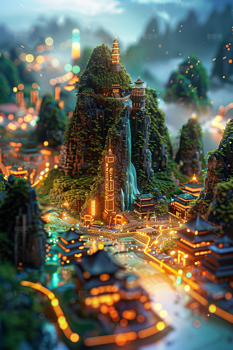 国潮光效建筑3D梦幻模型